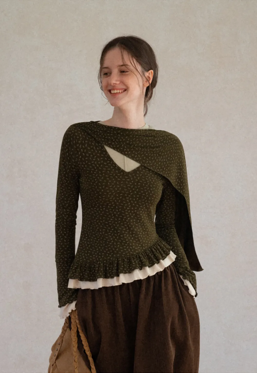 Pointelle Knit Asymmetrical Draped Top Tshirt