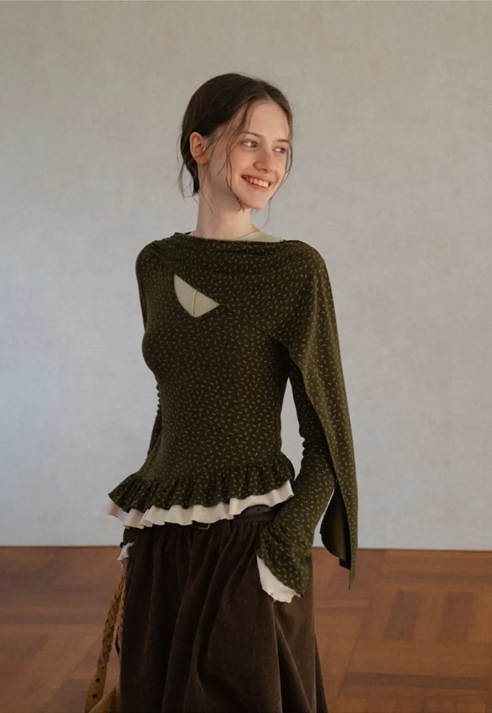 Pointelle Knit Asymmetrical Draped Top Tshirt