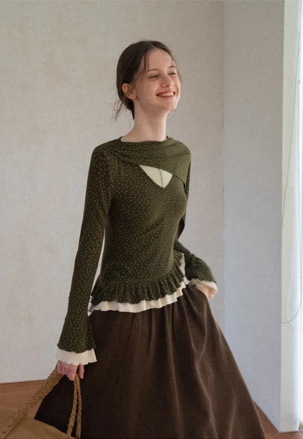 Pointelle Knit Asymmetrical Draped Top Tshirt