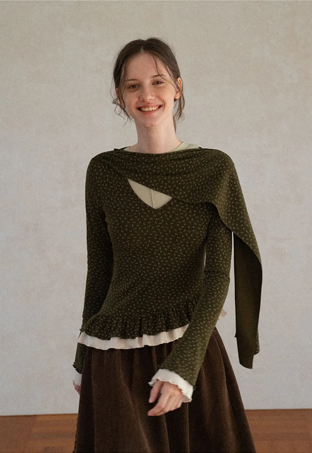 Pointelle Knit Asymmetrical Draped Top Tshirt