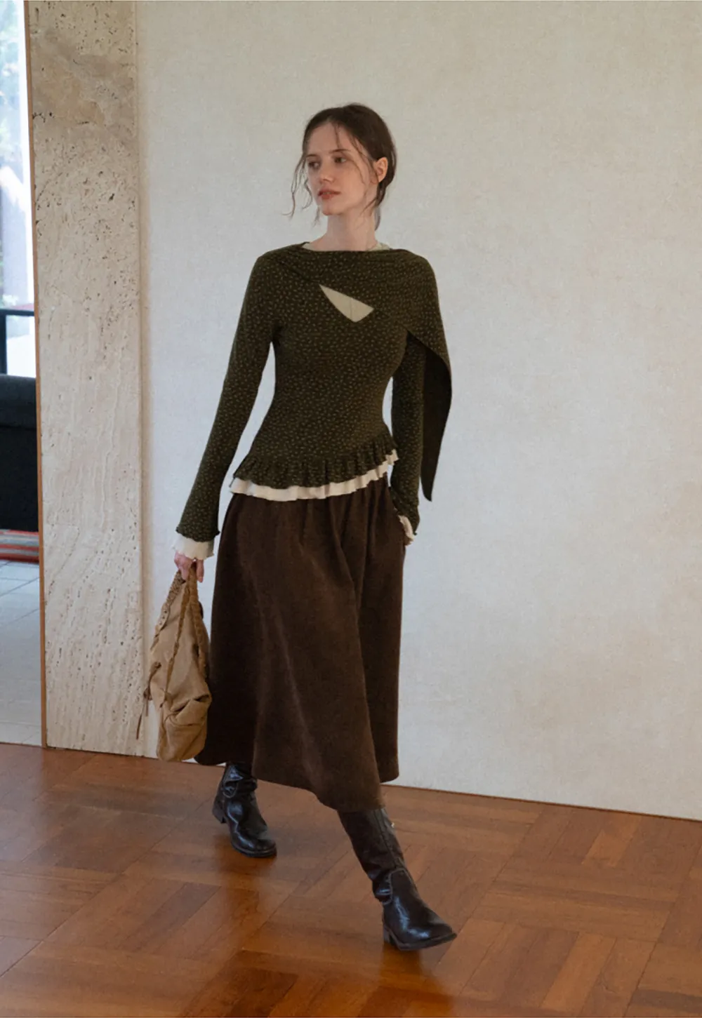 Pointelle Knit Asymmetrical Draped Top Tshirt