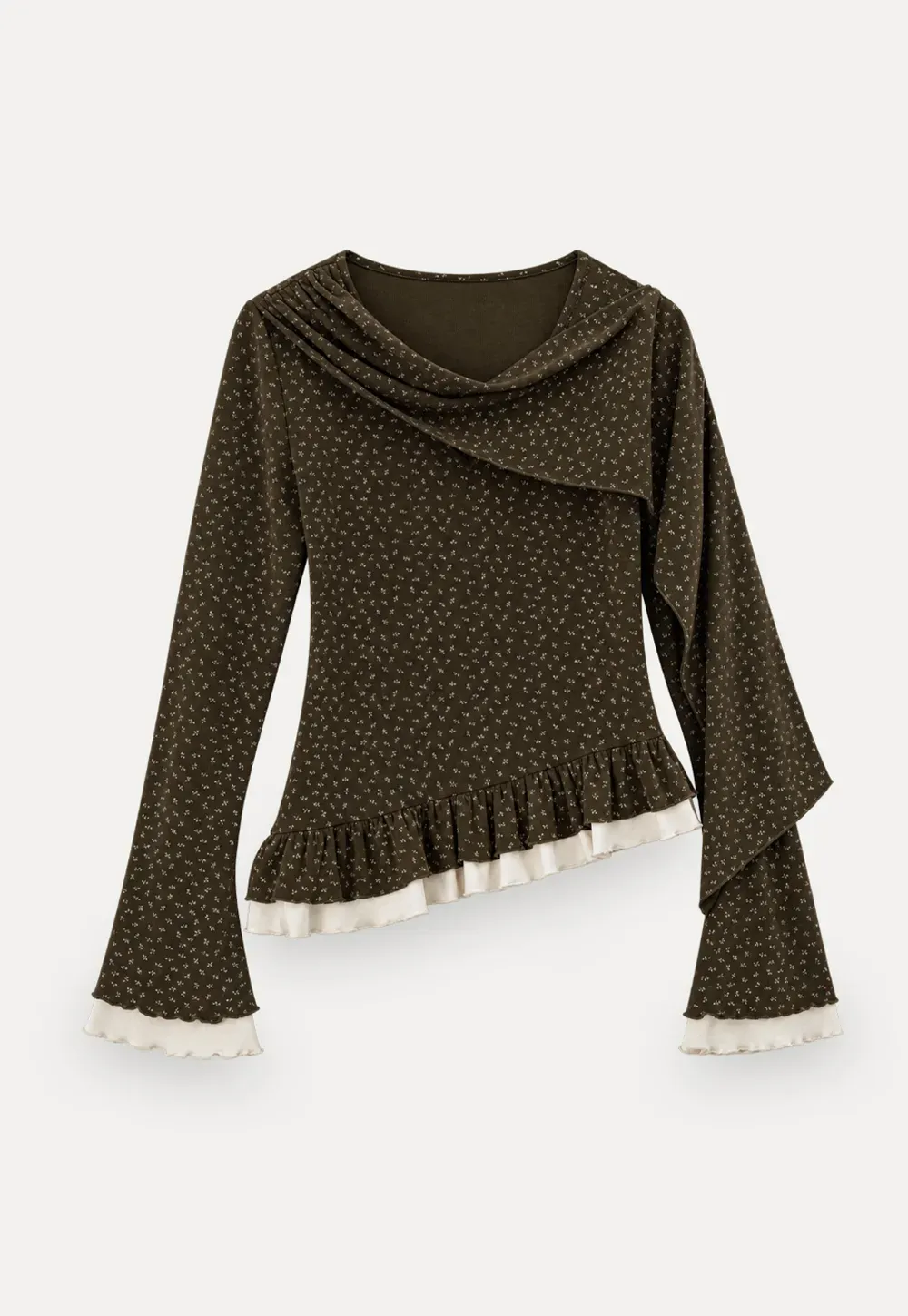 Pointelle Knit Asymmetrical Draped Top Tshirt