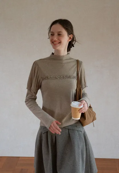 Ruffled Trim High Neck Long Sleeve Top
