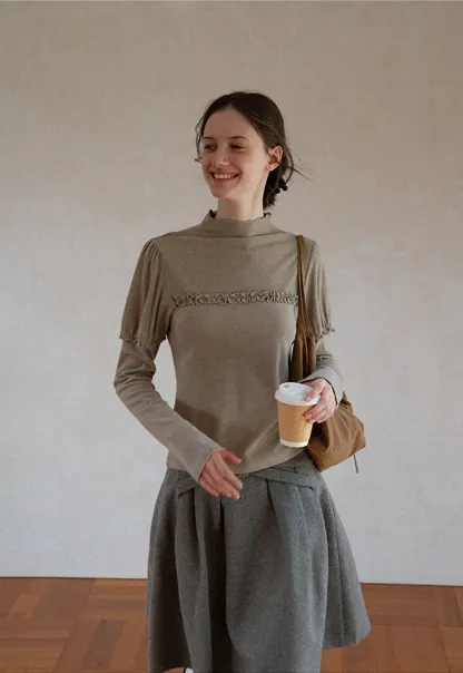 Ruffled Trim High Neck Long Sleeve Top