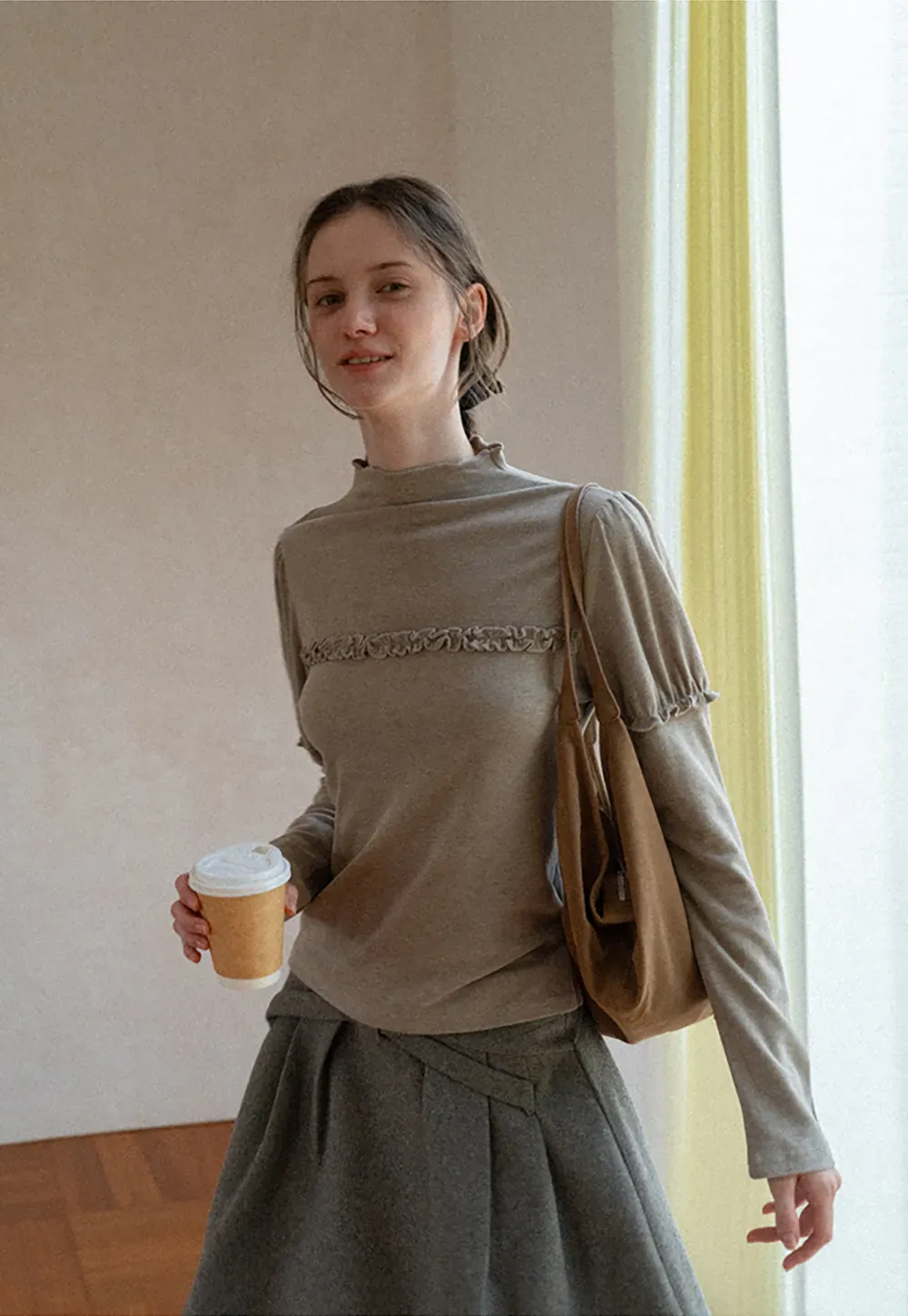 Ruffled Trim High Neck Long Sleeve Top