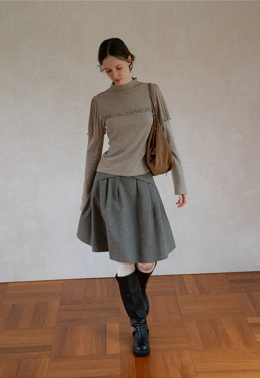 Ruffled Trim High Neck Long Sleeve Top