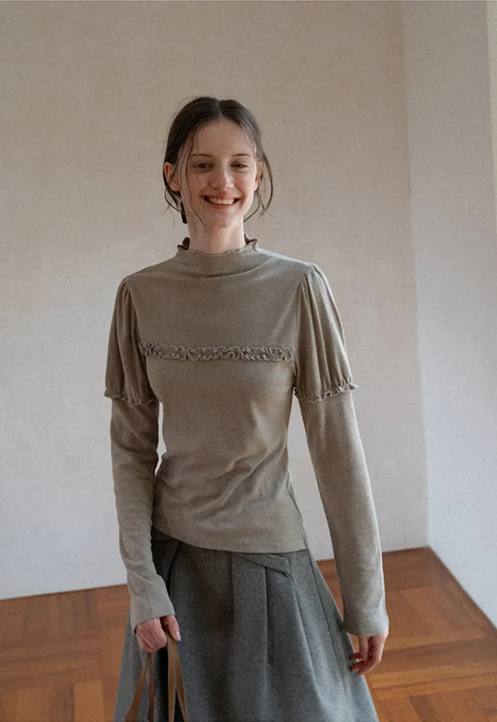 Ruffled Trim High Neck Long Sleeve Top