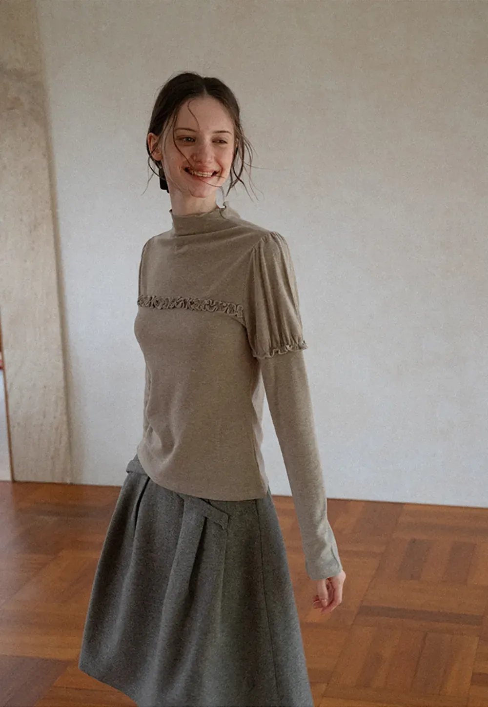 Ruffled Trim High Neck Long Sleeve Top