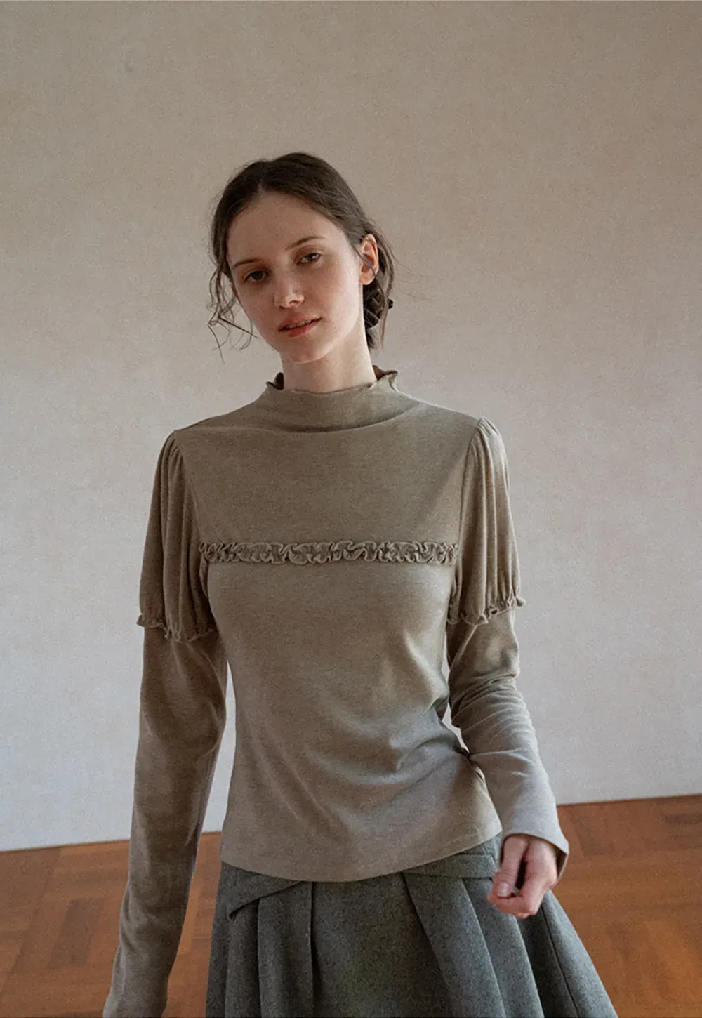 Ruffled Trim High Neck Long Sleeve Top