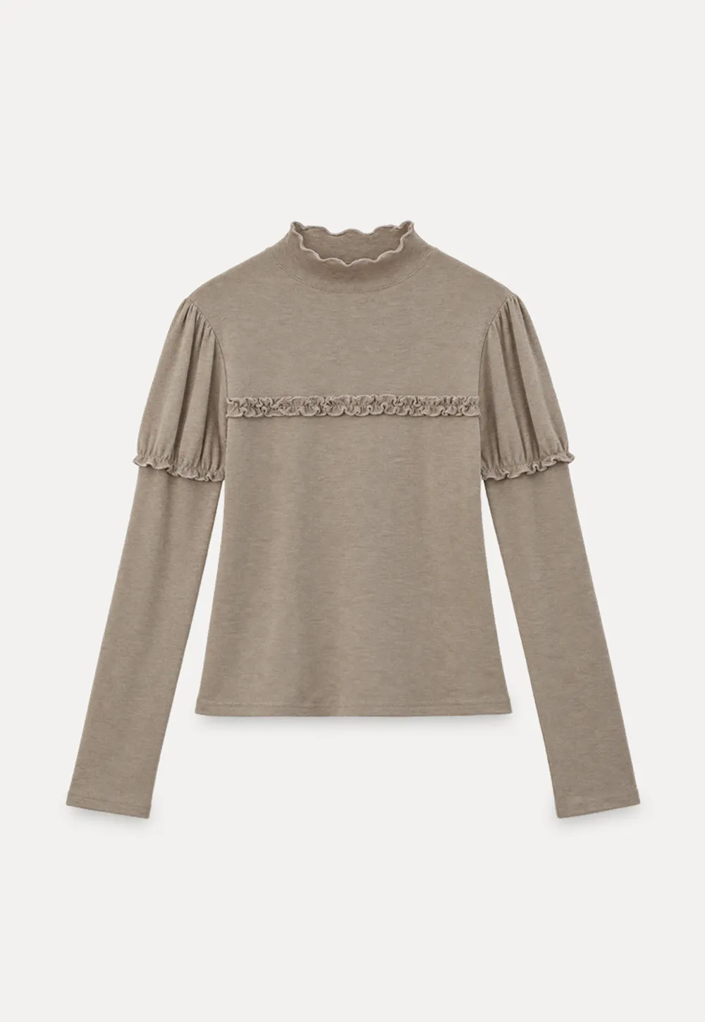 Ruffled Trim High Neck Long Sleeve Top
