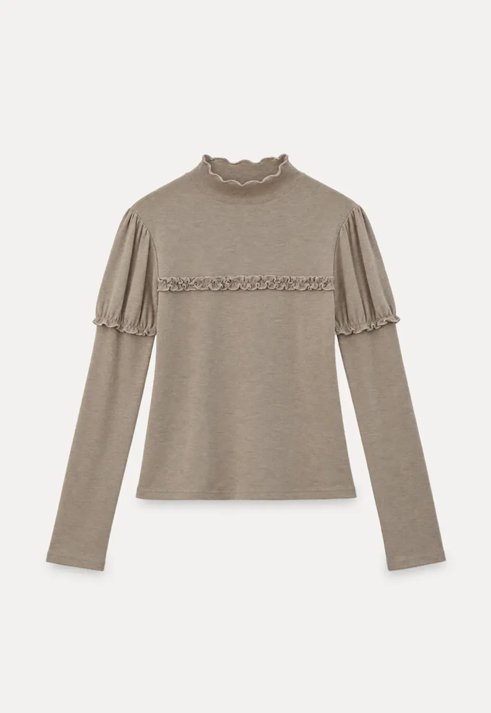 Ruffled Trim High Neck Long Sleeve Top