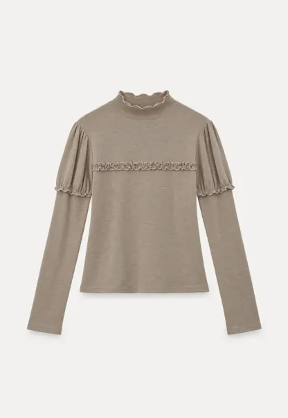 Ruffled Trim High Neck Long Sleeve Top