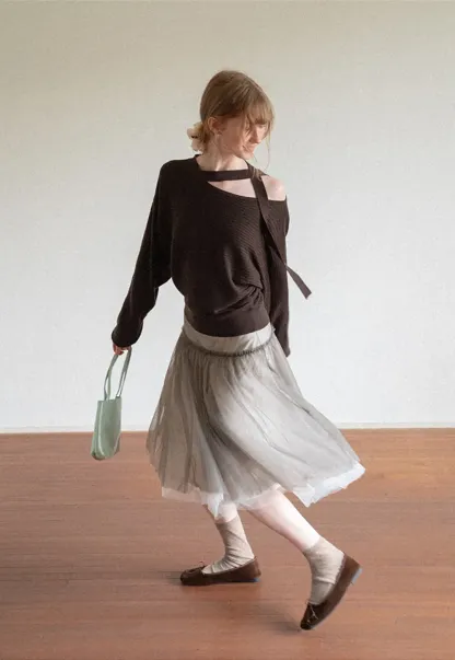 Cutout Shoulder Ribbed Knit Sweater