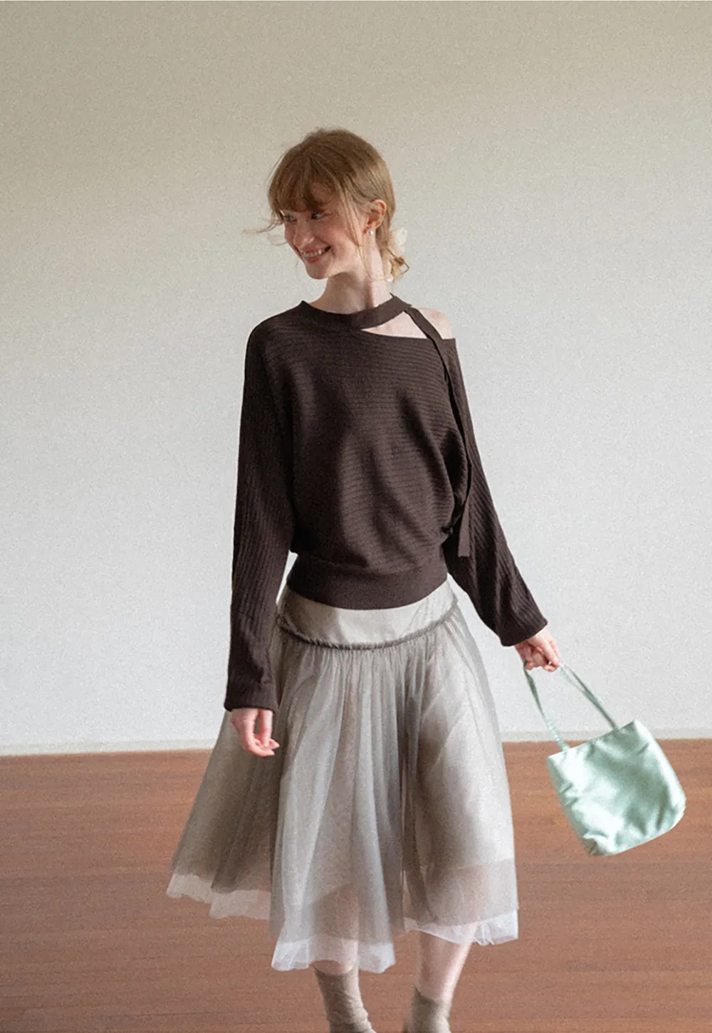 Cutout Shoulder Ribbed Knit Sweater