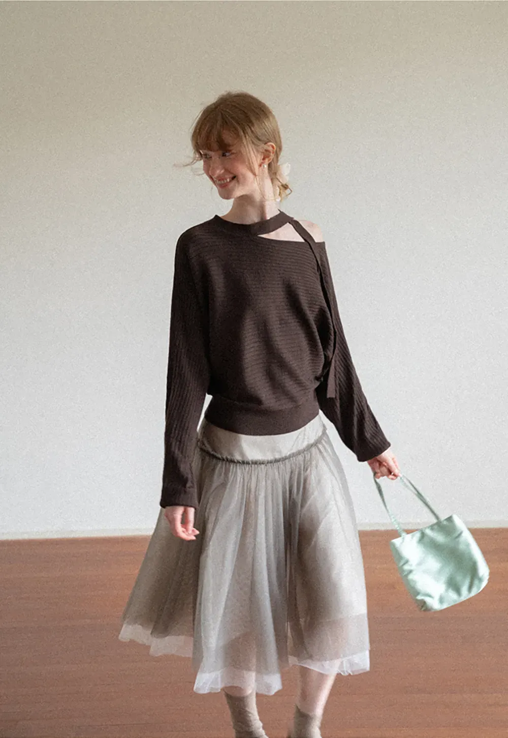 Cutout Shoulder Ribbed Knit Sweater
