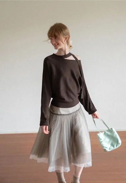Cutout Shoulder Ribbed Knit Sweater