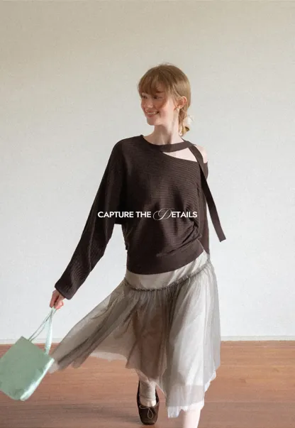 Cutout Shoulder Ribbed Knit Sweater