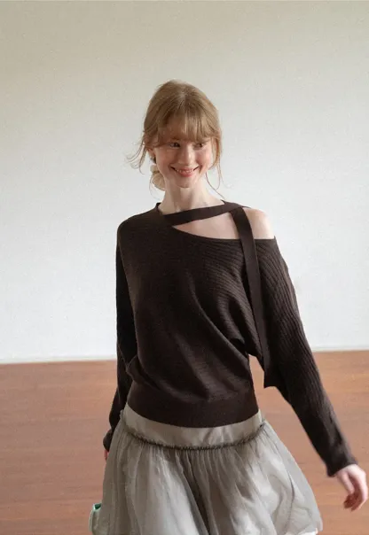 Cutout Shoulder Ribbed Knit Sweater