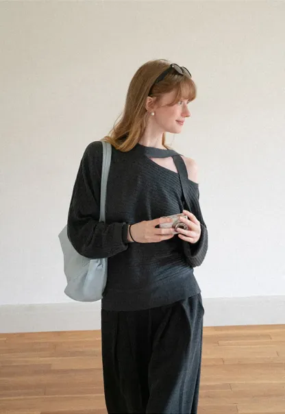 Cutout Shoulder Ribbed Knit Sweater