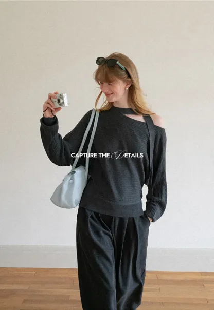Cutout Shoulder Ribbed Knit Sweater