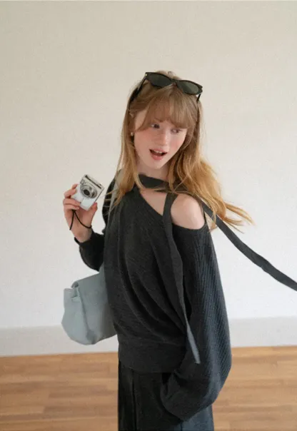 Cutout Shoulder Ribbed Knit Sweater