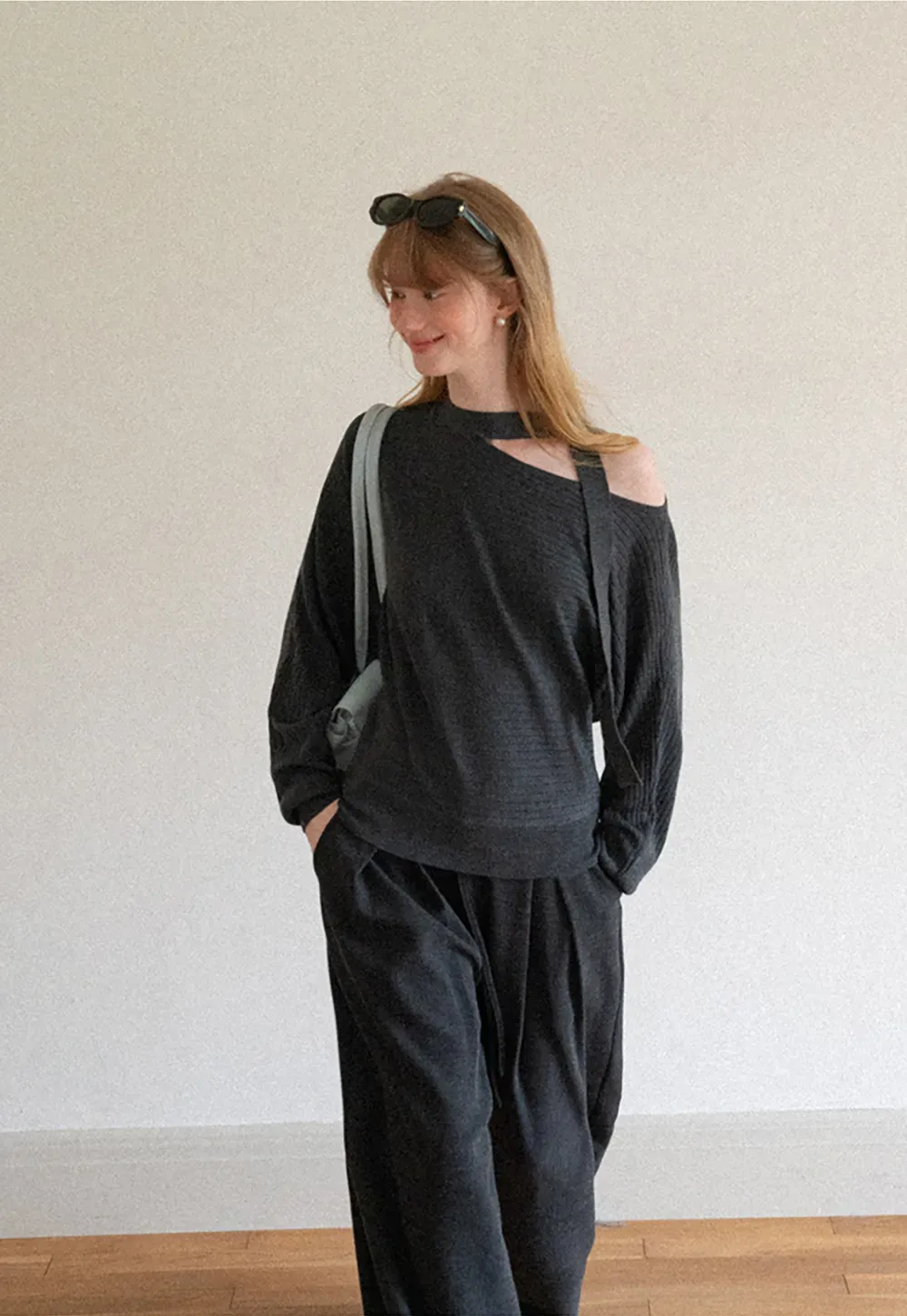 Cutout Shoulder Ribbed Knit Sweater