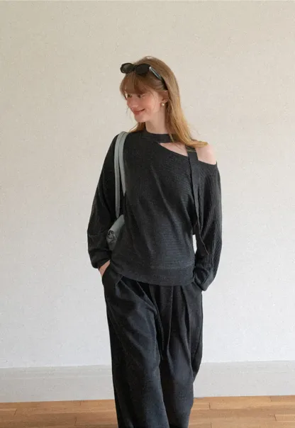 Cutout Shoulder Ribbed Knit Sweater