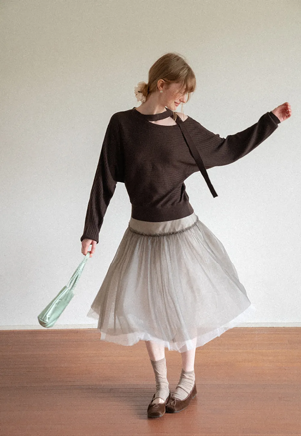 Cutout Shoulder Ribbed Knit Sweater