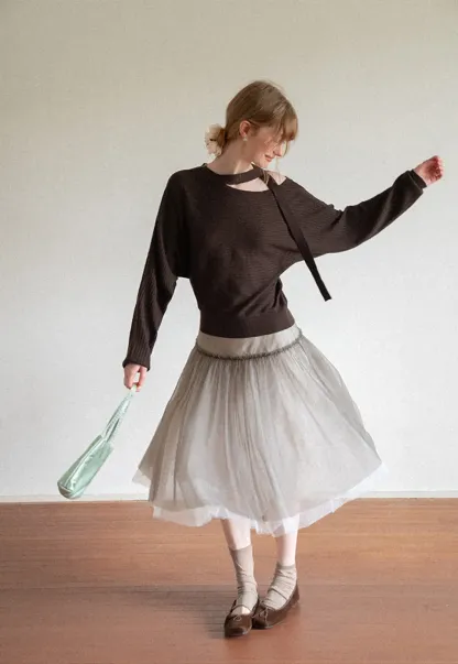 Cutout Shoulder Ribbed Knit Sweater