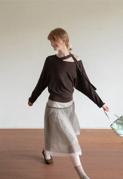 Cutout Shoulder Ribbed Knit Sweater