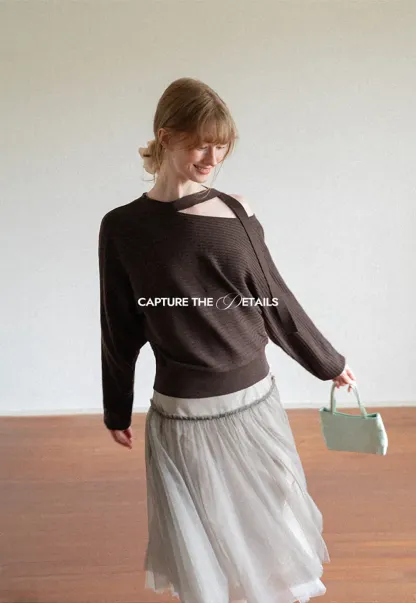 Cutout Shoulder Ribbed Knit Sweater