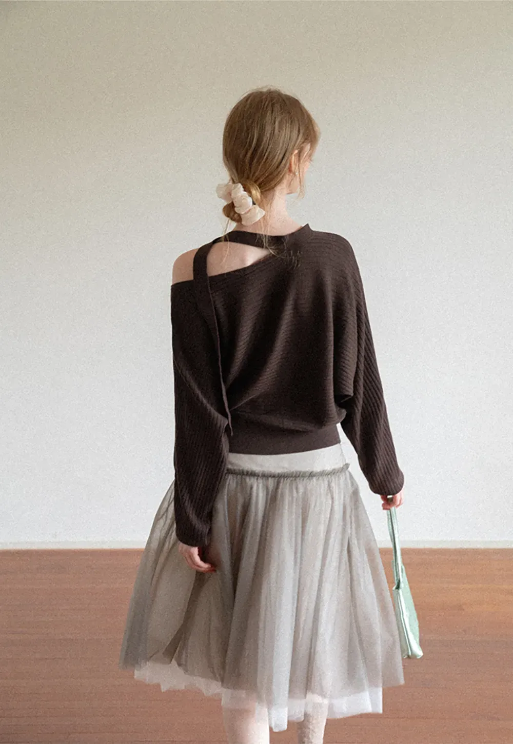 Cutout Shoulder Ribbed Knit Sweater