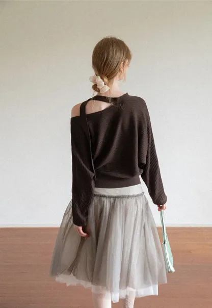 Cutout Shoulder Ribbed Knit Sweater