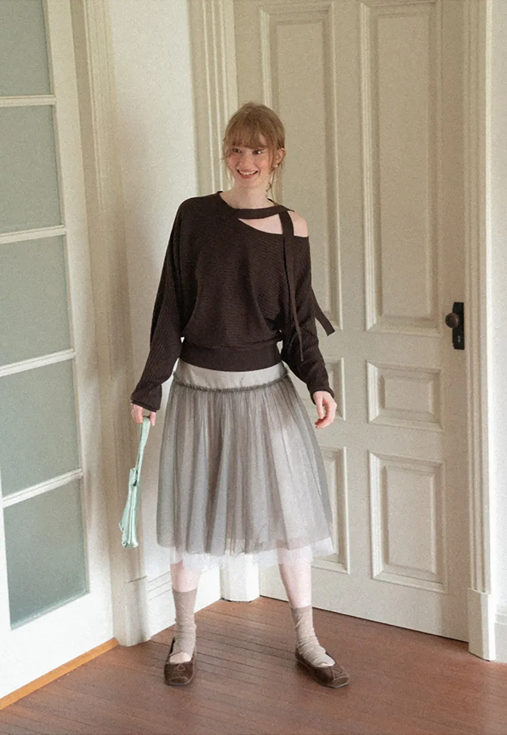 Cutout Shoulder Ribbed Knit Sweater
