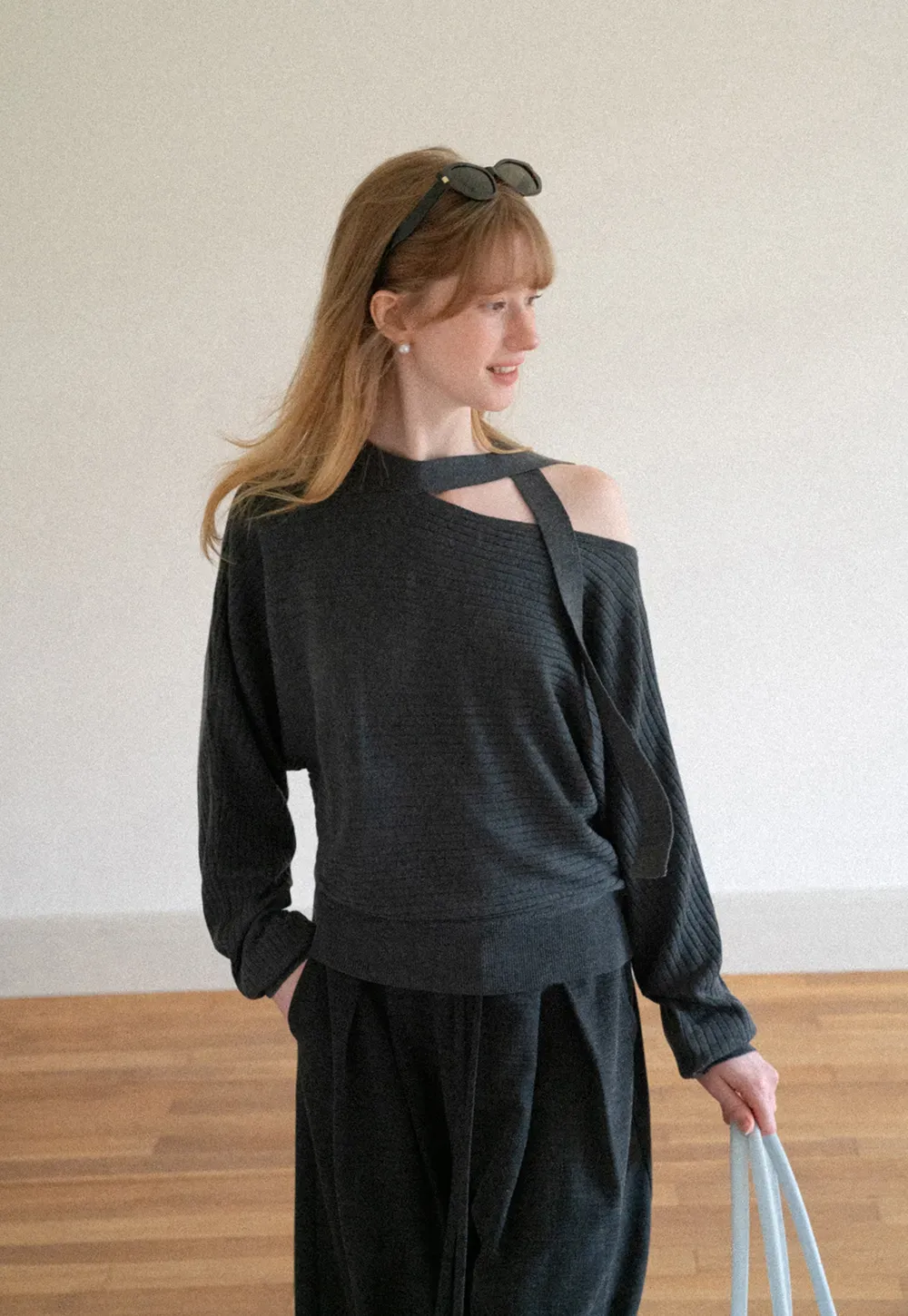 Cutout Shoulder Ribbed Knit Sweater