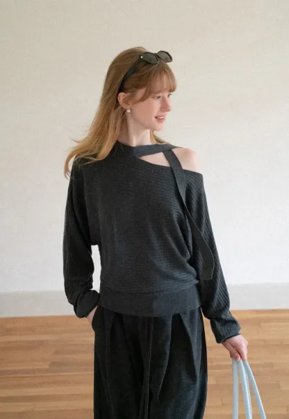 Cutout Shoulder Ribbed Knit Sweater