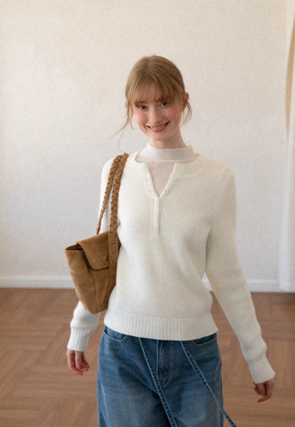 Ribbed Knit Henley Neck Sweater