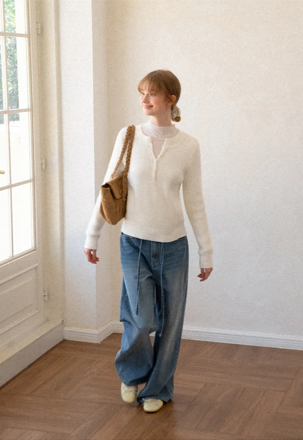 Ribbed Knit Henley Neck Sweater