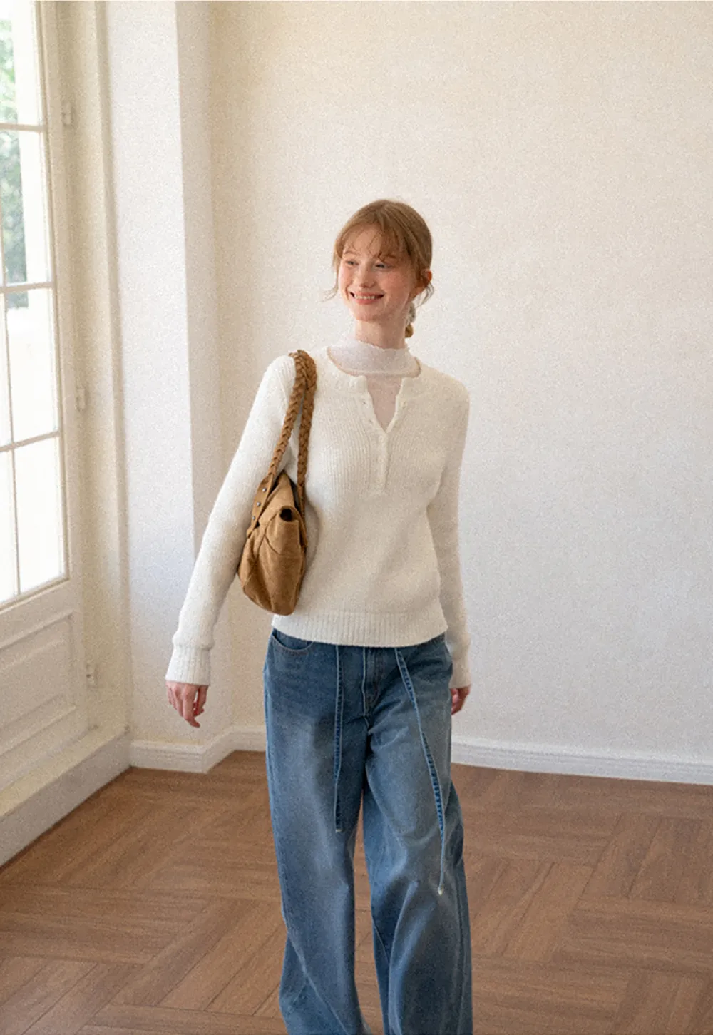 Ribbed Knit Henley Neck Sweater