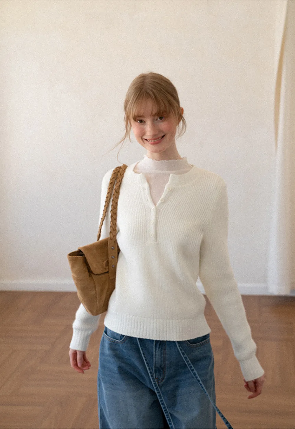 Ribbed Knit Henley Neck Sweater