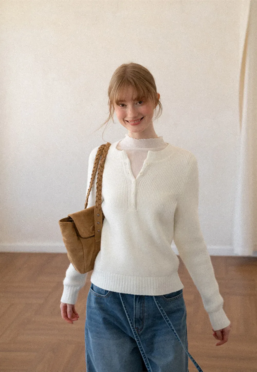 Ribbed Knit Henley Neck Sweater