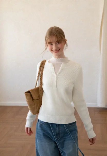 Ribbed Knit Henley Neck Sweater