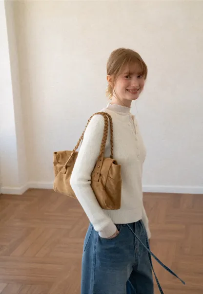 Ribbed Knit Henley Neck Sweater