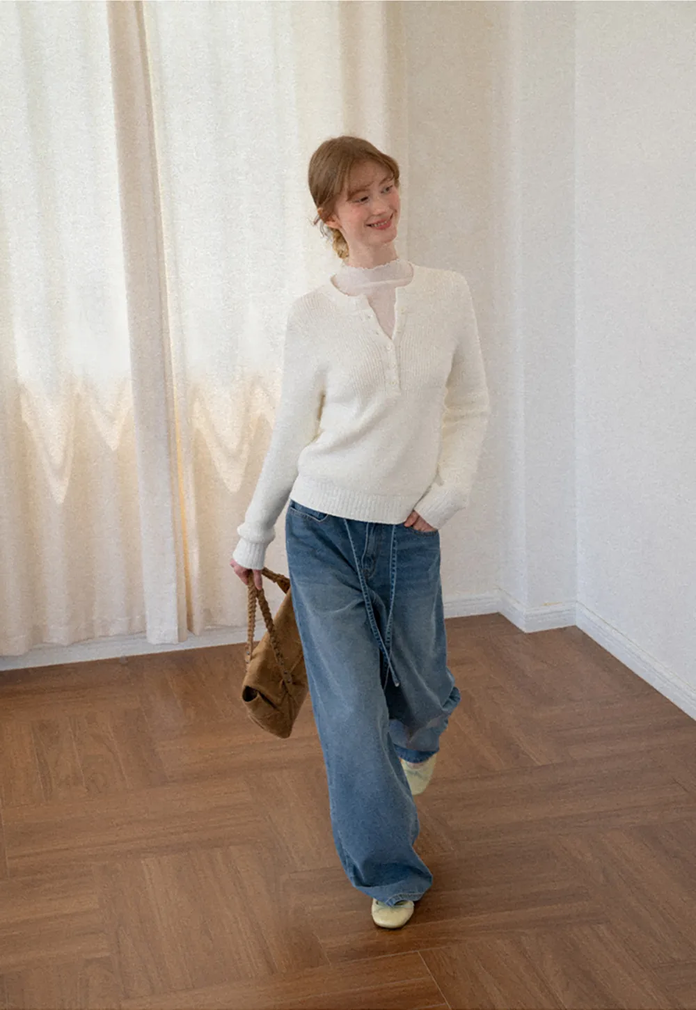 Ribbed Knit Henley Neck Sweater