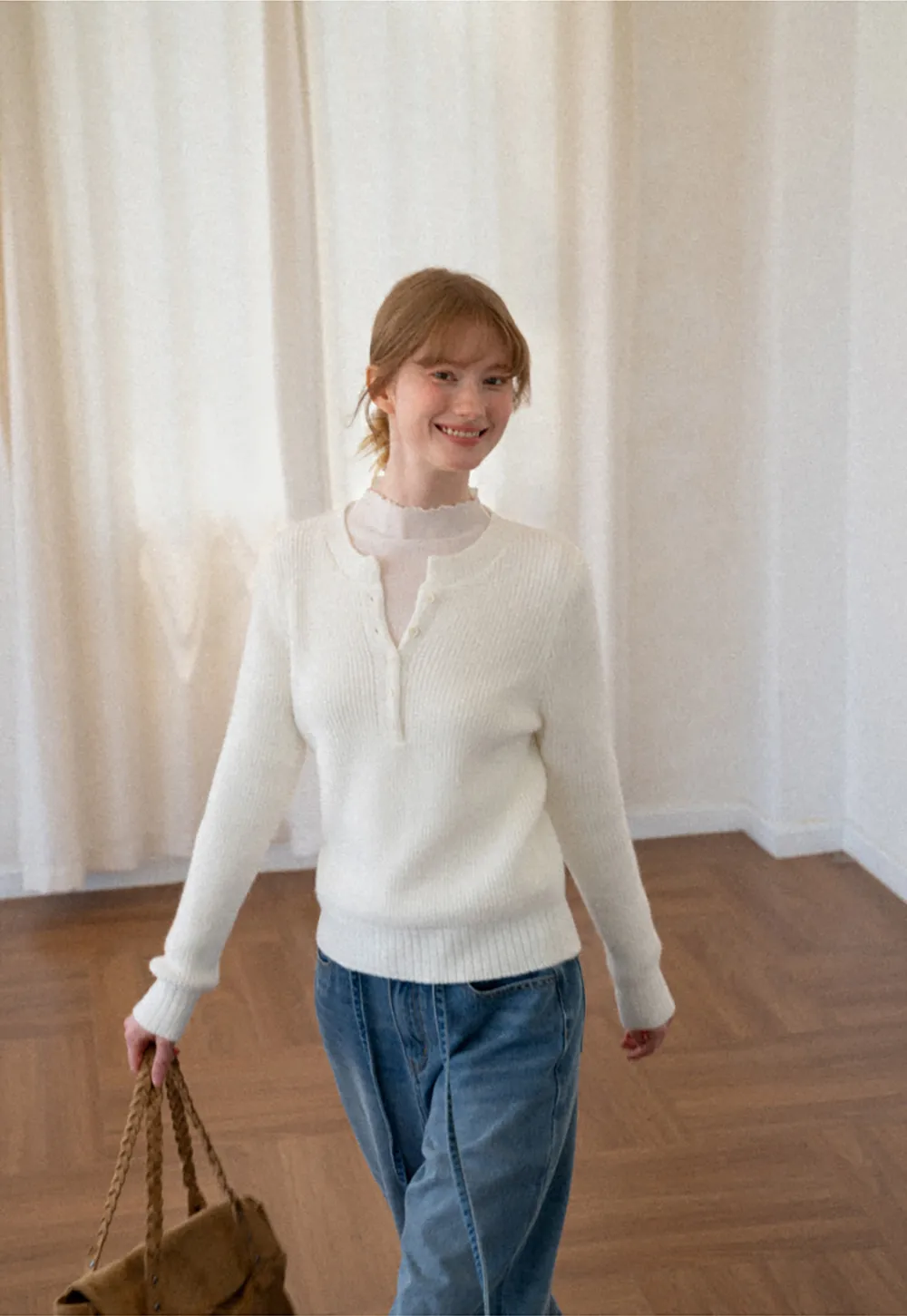Ribbed Knit Henley Neck Sweater