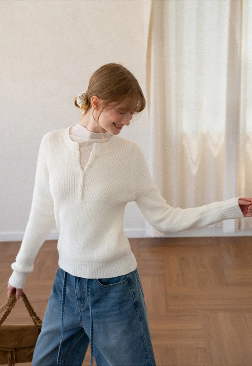 Ribbed Knit Henley Neck Sweater