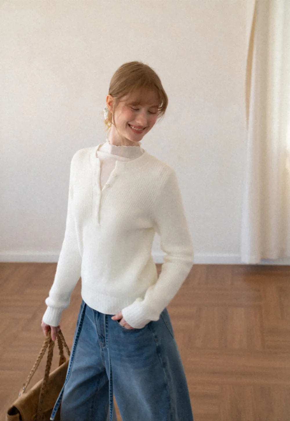 Ribbed Knit Henley Neck Sweater