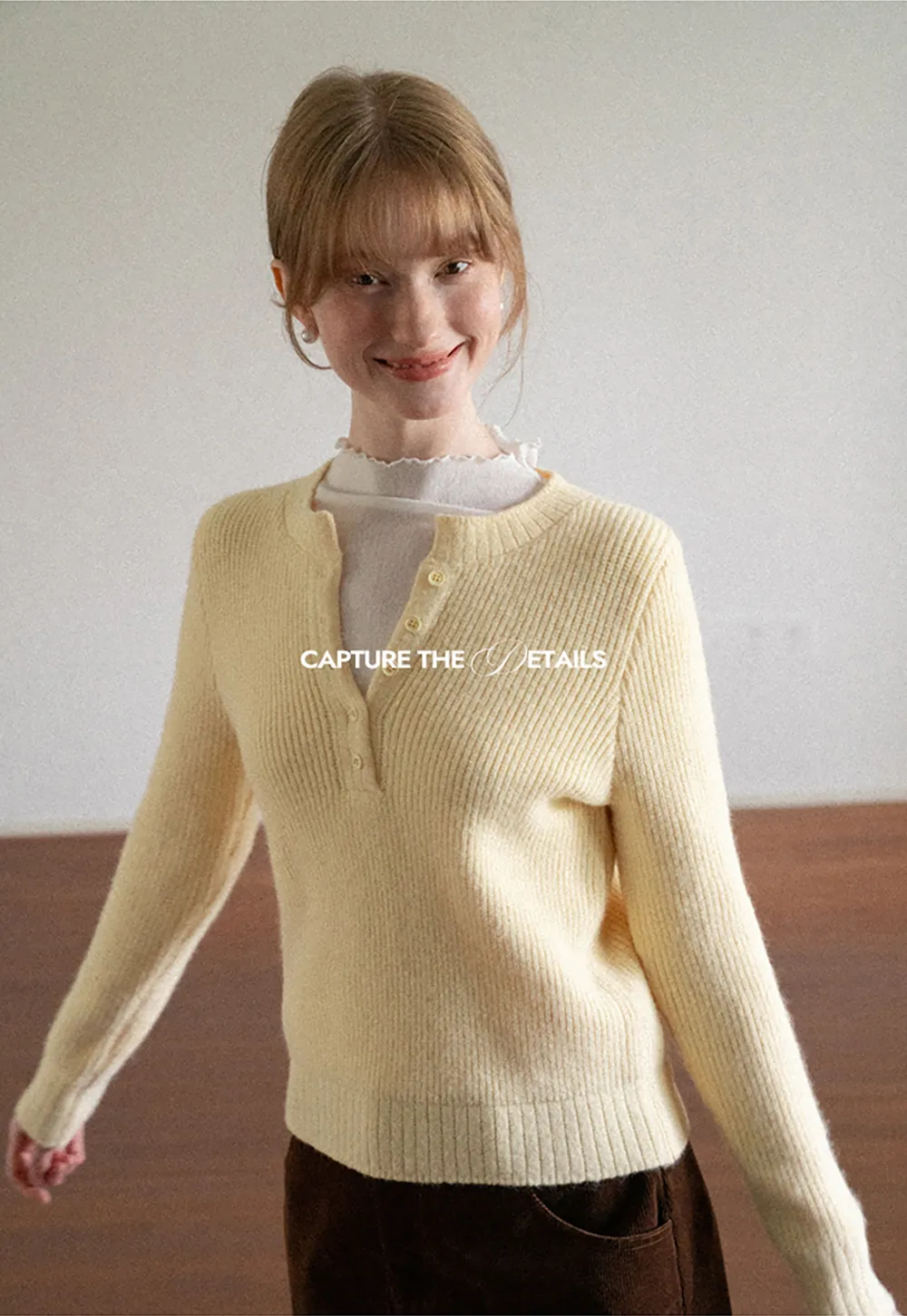 Ribbed Knit Henley Neck Sweater