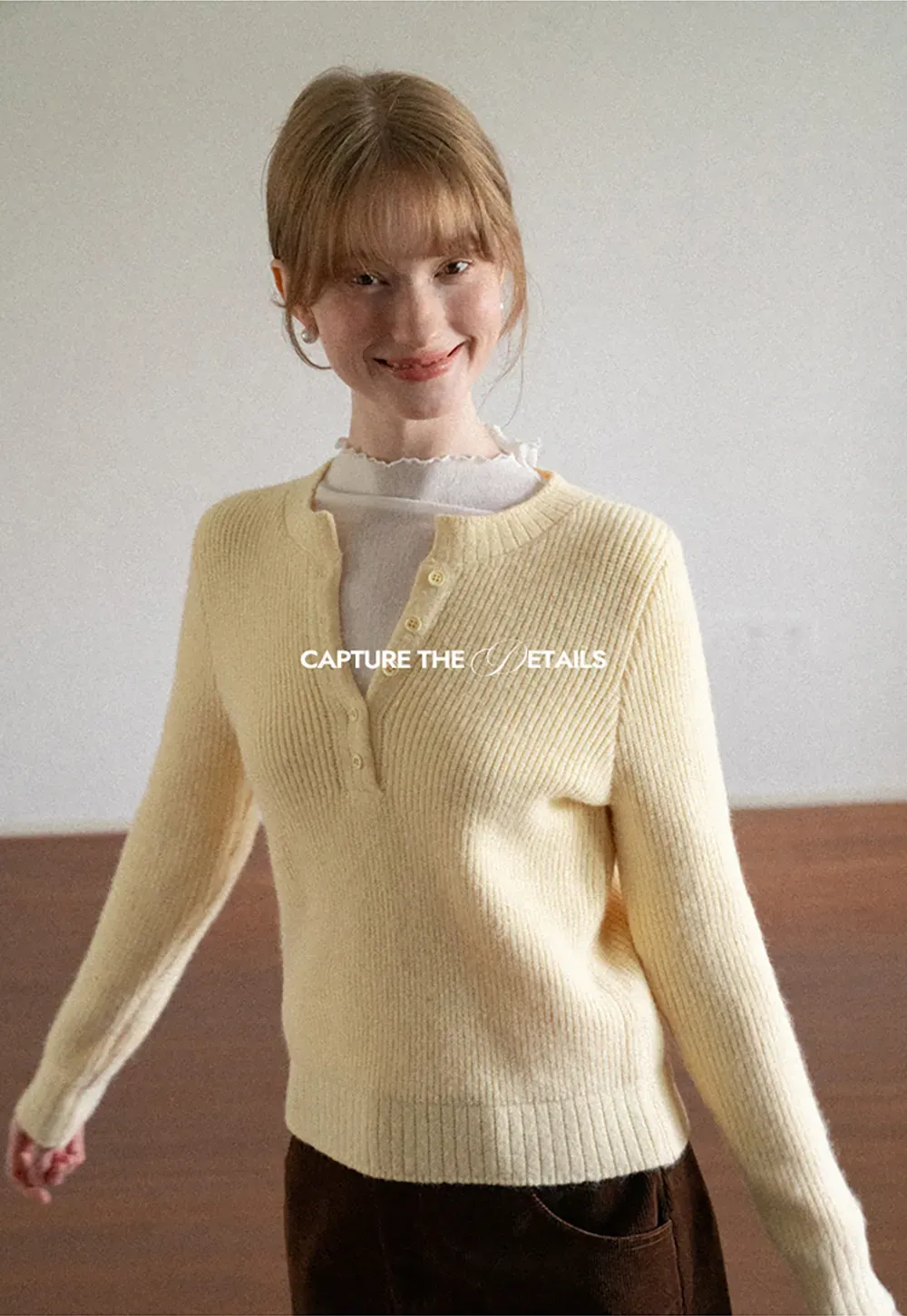 Ribbed Knit Henley Neck Sweater