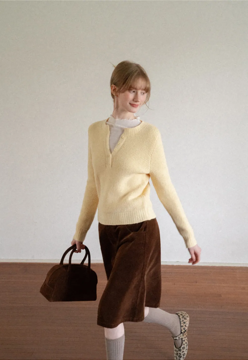 Ribbed Knit Henley Neck Sweater